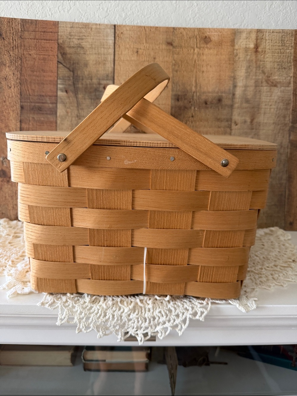 Vintage Basketville woven wood pie basket with original wooden insert